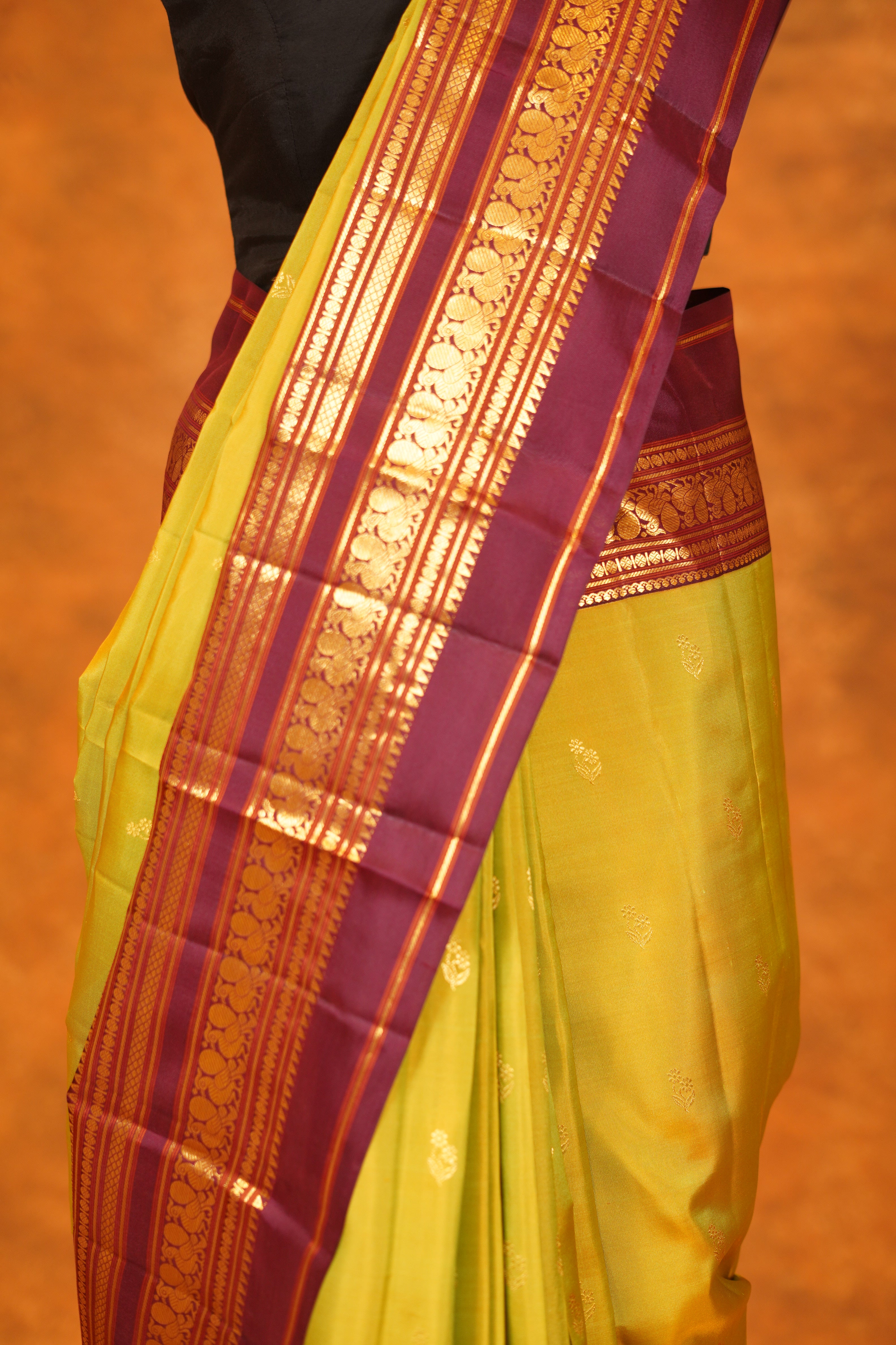 Pista Green colour Pure Kanjivaram Silk Saree with Maroon contrast