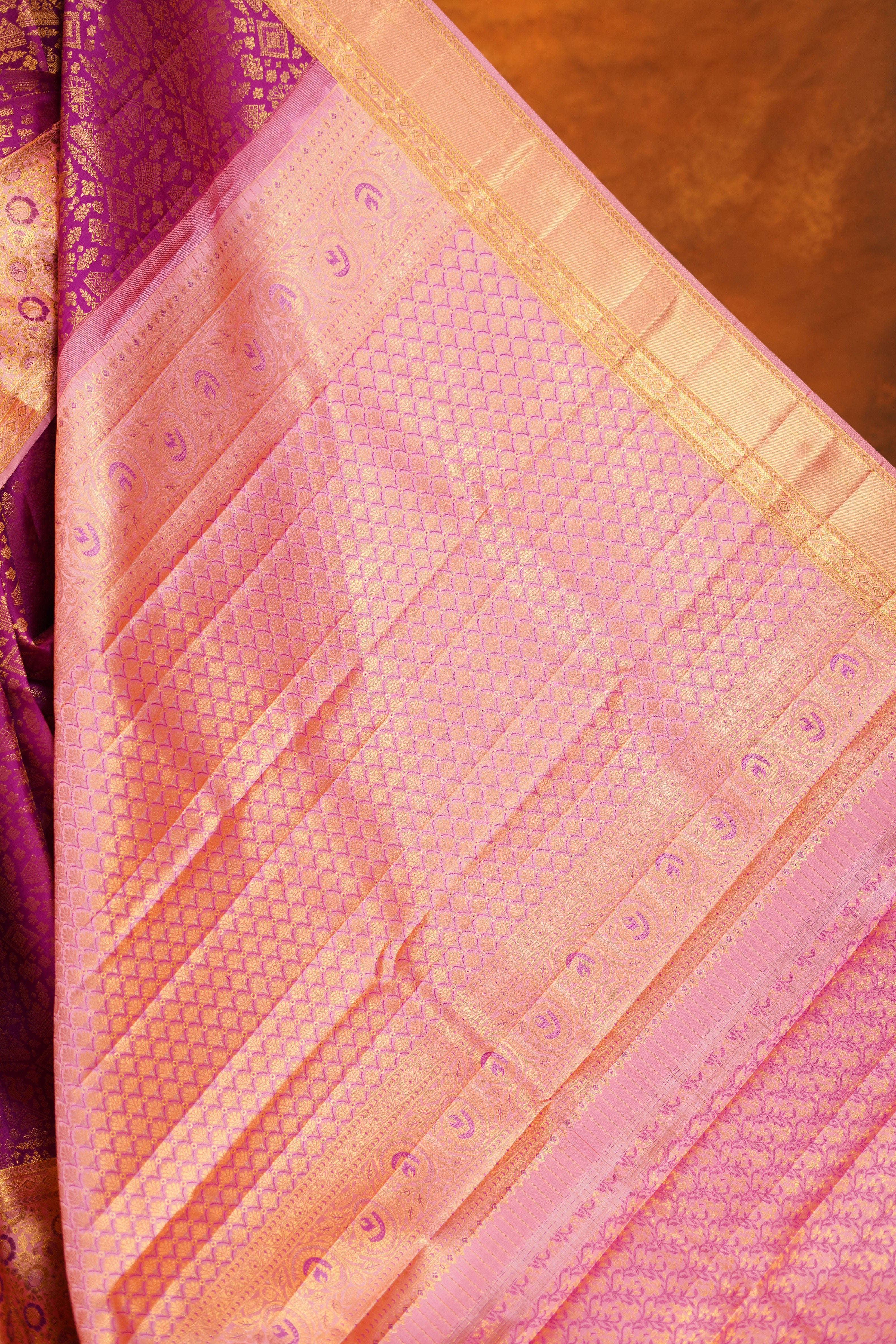Light Magenta Colour Pure Kanjivaram Silk Saree with Pastel Pink Contrast