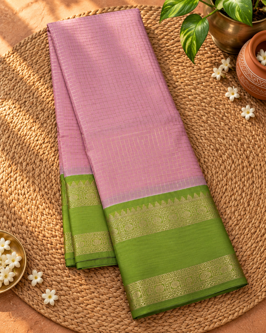 Baby Pink Colour Semi Kanjivaram Silk Saree with Light Green Border