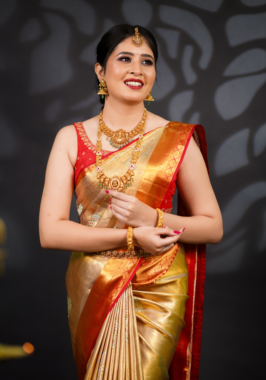 Pure Kanjivaram Silk Saree in Gold with Rich Golden Zari & Red Contrast Border – Traditional Bridal & Wedding Collection