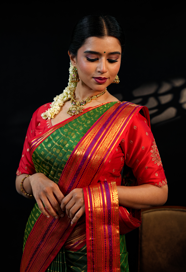 Green & Red Pure Kanchivaram Silk Saree with Rich Golden Zari Buttas – Traditional Bridal & Festive Wear