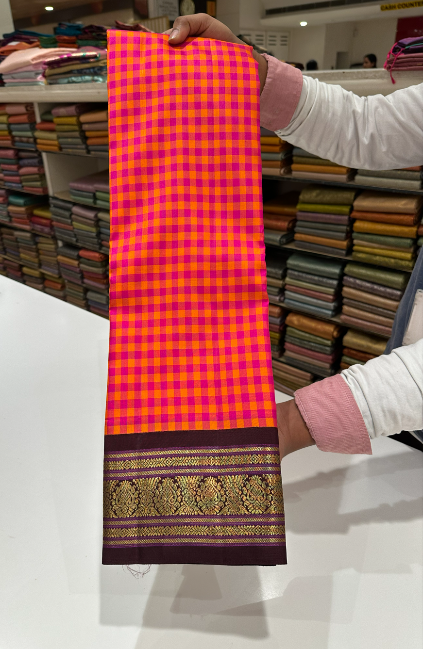 Pink & Orange Multicolor Checks Kanjivaram Silk Saree with Brown Contrast Border & Gold Zari Work