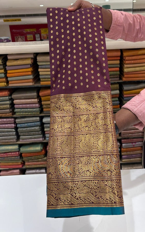 Brown Kanjivaram Silk Saree with Contrast Blue Border & Heavy Zari Buttas