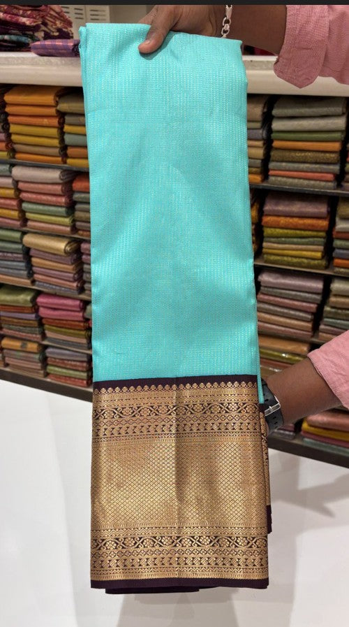 Blue Kanjivaram Silk Saree with Contrast Brown Border & Gold Checks