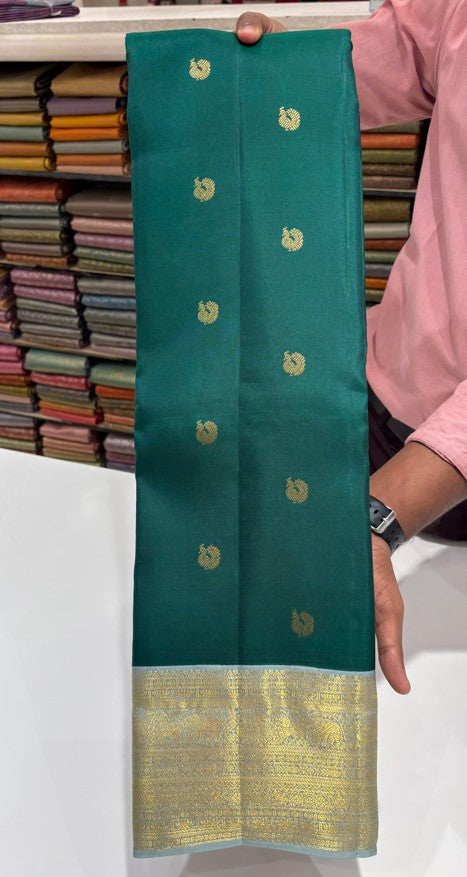 Green Color Kanjivaram Silk Saree with Contrast Light Blue Border & Gold Zari butta