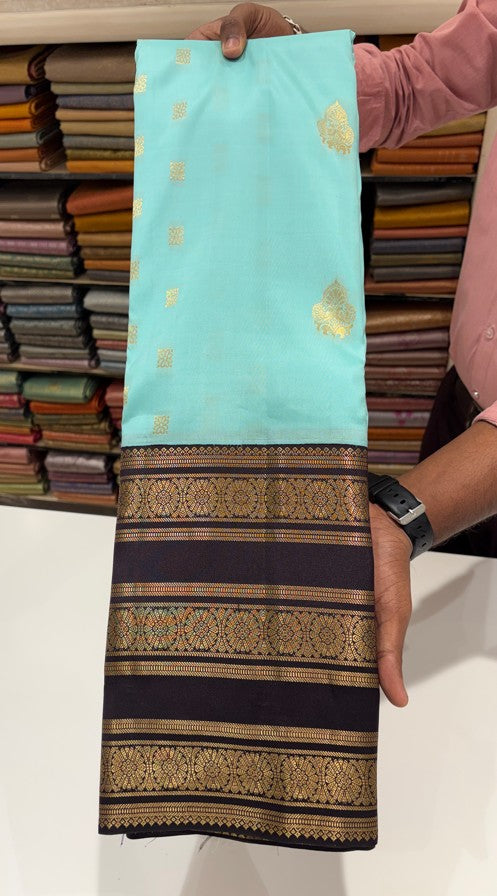 Blue Color Saree with Contrast Brown Border & Gold Zari butta
