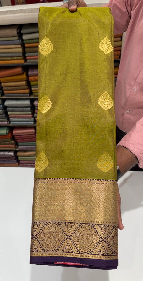 Mehandi color Saree with Contrast Purple Border & Gold Zari butta