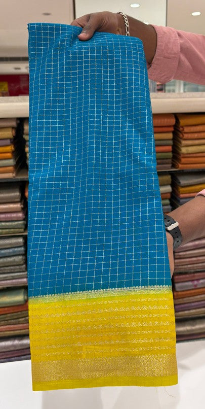 Blue and Yellow Soft Saree with Zari Border & Checks – Perfect for Everyday and Office Wear