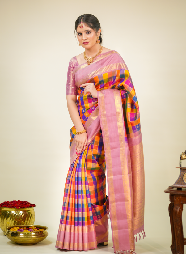 Multicolor Pure Kanjivaram Silk Saree with Pink Contrast Border & Golden Zari Buttas – Bridal & Wedding Wear