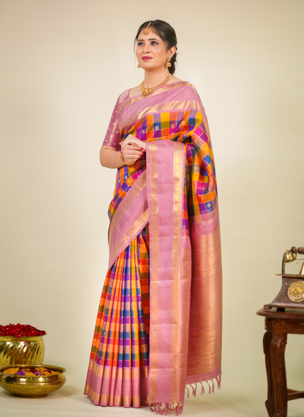 Multicolor Pure Kanjivaram Silk Saree with Pink Contrast Border & Golden Zari Buttas – Bridal & Wedding Wear