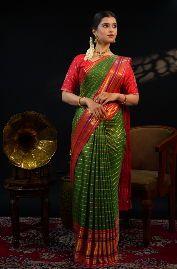 Green & Red Pure Kanchivaram Silk Saree with Rich Golden Zari Buttas – Traditional Bridal & Festive Wear