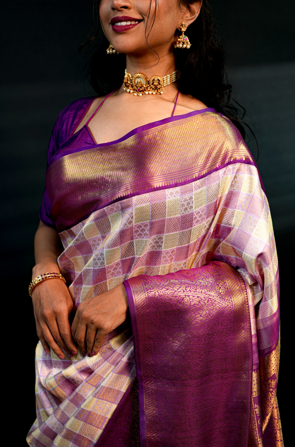 Multicolor Checks Pure Kanjivaram Silk Saree with Rich Golden Zari Buttas & Purple Contrast Border – Traditional Bridal & Festive Wear