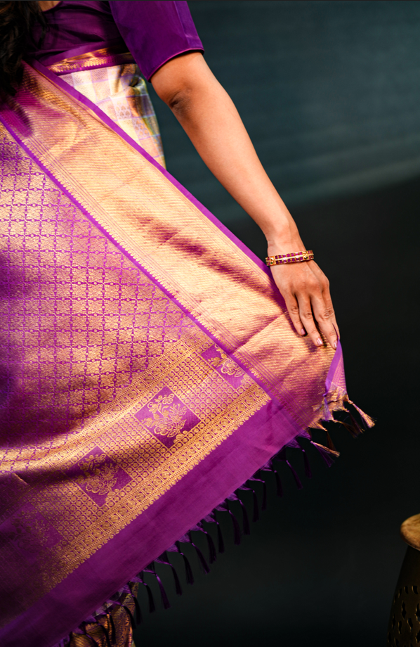 Multicolor Checks Pure Kanjivaram Silk Saree with Rich Golden Zari Buttas & Purple Contrast Border – Traditional Bridal & Festive Wear