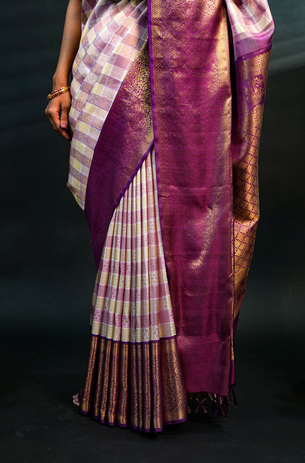Multicolor Checks Pure Kanjivaram Silk Saree with Rich Golden Zari Buttas & Purple Contrast Border – Traditional Bridal & Festive Wear