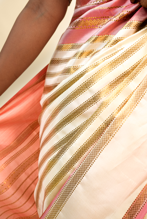 Pink and Cream Pure Kanjivaram Silk Saree with Rich Golden Zari Single Line & Pink Contrast Border – Traditional Bridal & Festive Wear