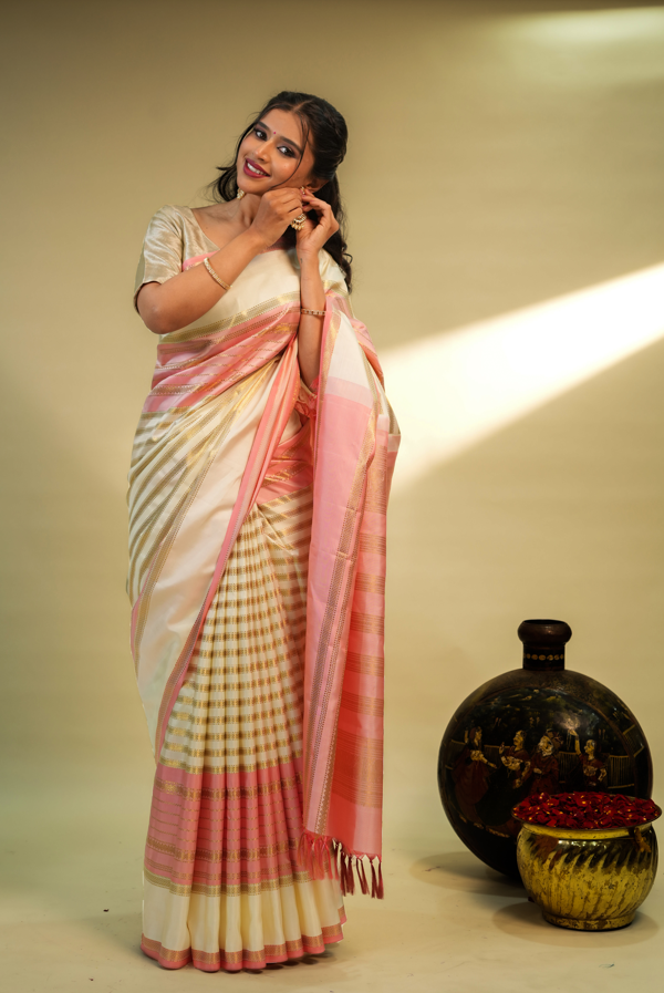 Pink and Cream Pure Kanchivaram Silk Saree with Rich Golden Zari Single Line & Cream Contrast Border – Traditional Bridal & Festive Wear
