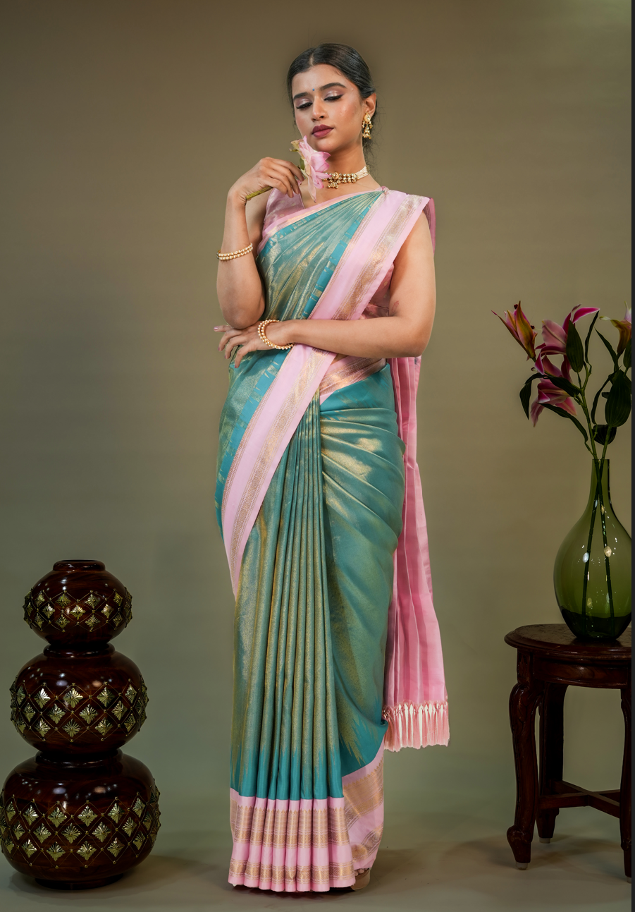 Green Pure Kanjivaram Silk Saree with Contrast Pink Border and Rich Golden Zari Work – Wedding Special