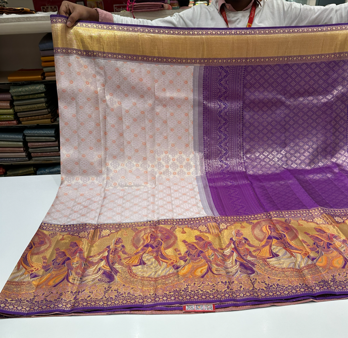 Light Pink Kanjivaram Soft Silk Saree with Violet Madhubani Border & Brocade – Traditional Style