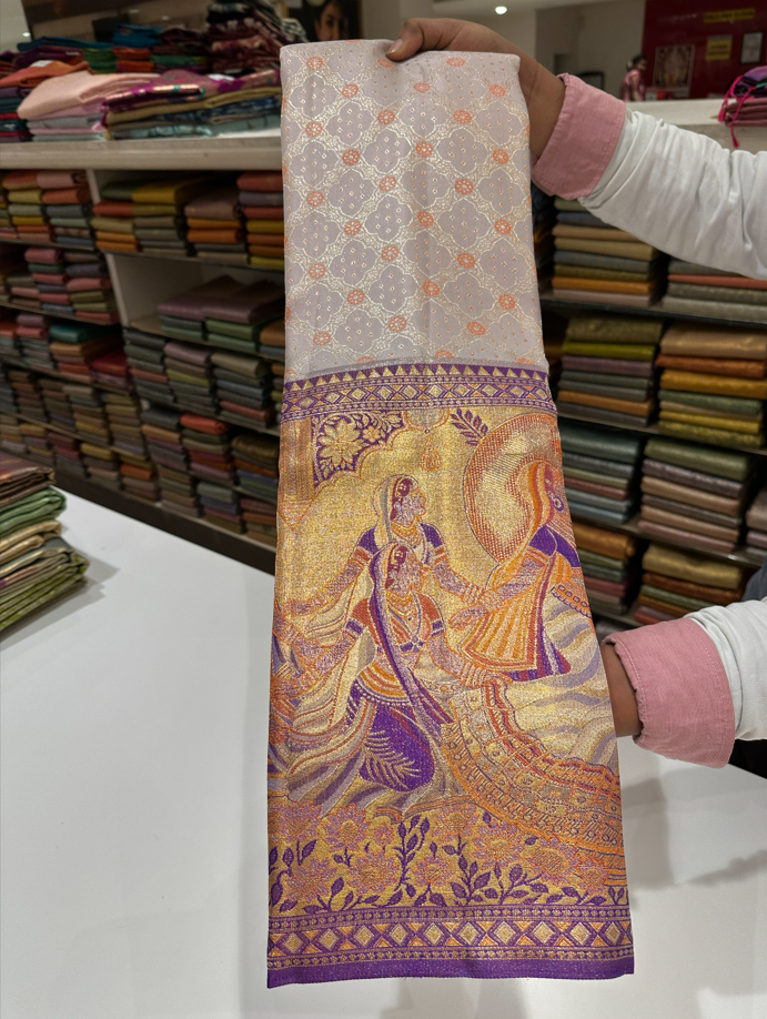 Light Pink Kanjivaram Soft Silk Saree with Violet Madhubani Border & Brocade – Traditional Style