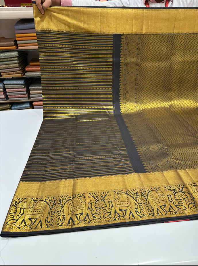 Black Kanjivaram Silk Saree with Gold Zari Border & Line Work – Wedding & Traditional Wear