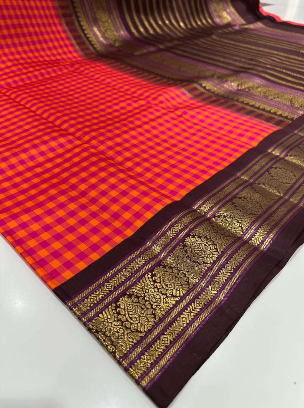 Pink & Orange Multicolor Checks Pure Kanjivaram Silk Saree with Brown Contrast Border & Gold Zari Work