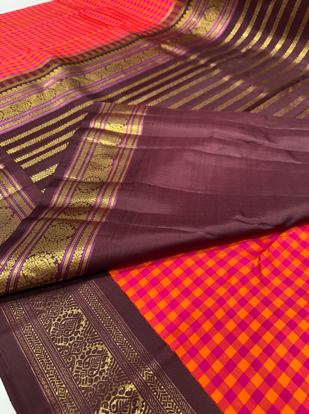 Pink & Orange Multicolor Checks Pure Kanjivaram Silk Saree with Brown Contrast Border & Gold Zari Work
