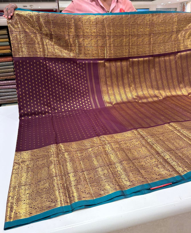 Brown Kanjivaram Silk Saree with Contrast Blue Border & Heavy Zari Buttas