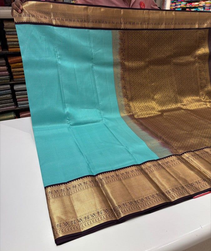 Blue Kanjivaram Silk Saree with Contrast Brown Border & Gold Checks