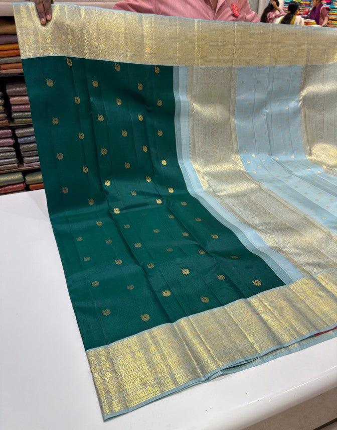 Green Color Kanjivaram Silk Saree with Contrast Light Blue Border & Gold Zari butta
