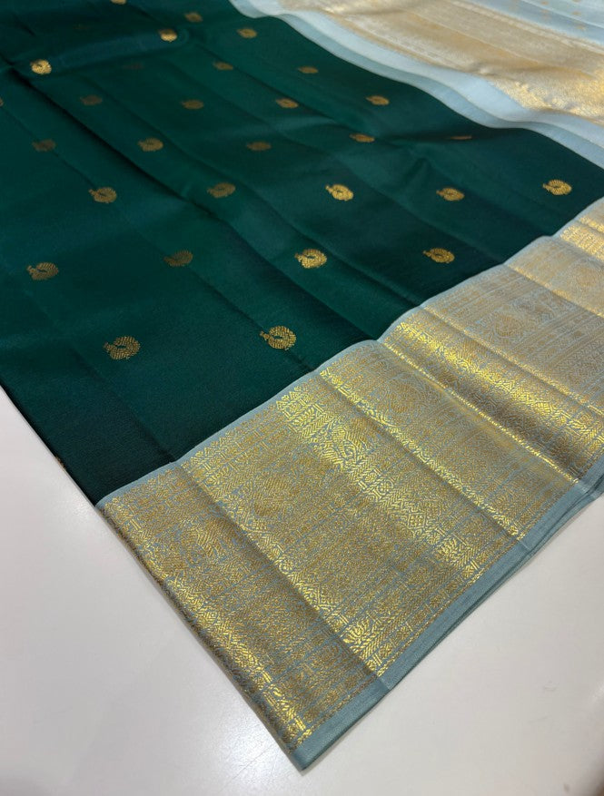Green Color Pure Kanjivaram Silk Saree with Contrast Light Blue Border & Gold Zari butta