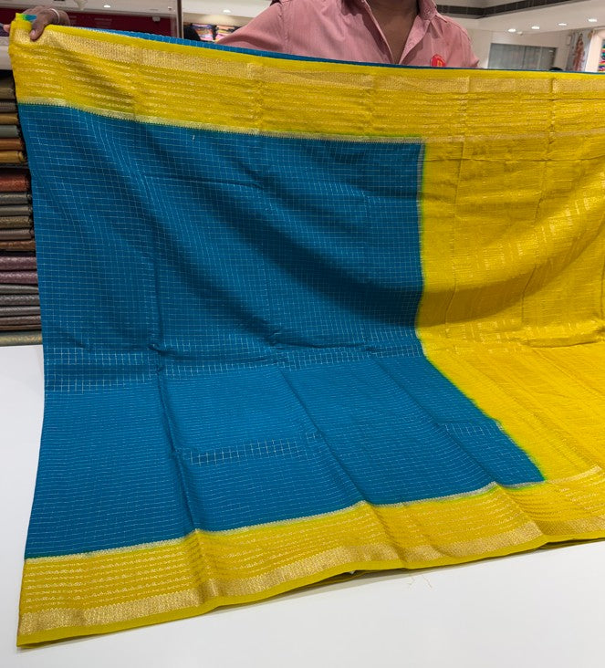 Blue and Yellow Soft Saree with Zari Border & Checks – Perfect for Everyday and Office Wear