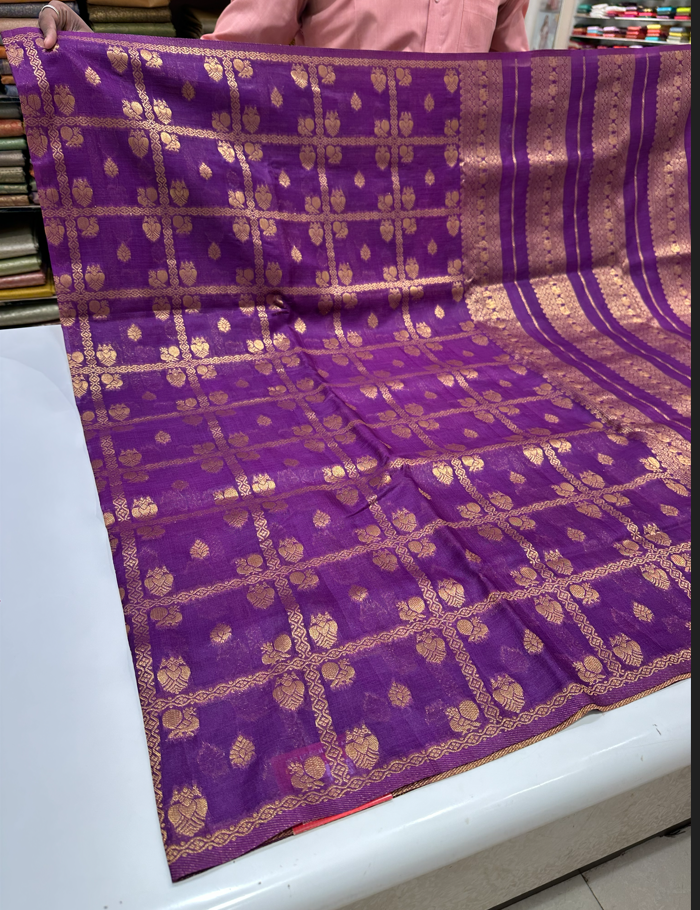 Lightweight Purple Raw Silk Saree with Elegant Gold Zari Buttas – Perfect for Traditional & Daily Wear