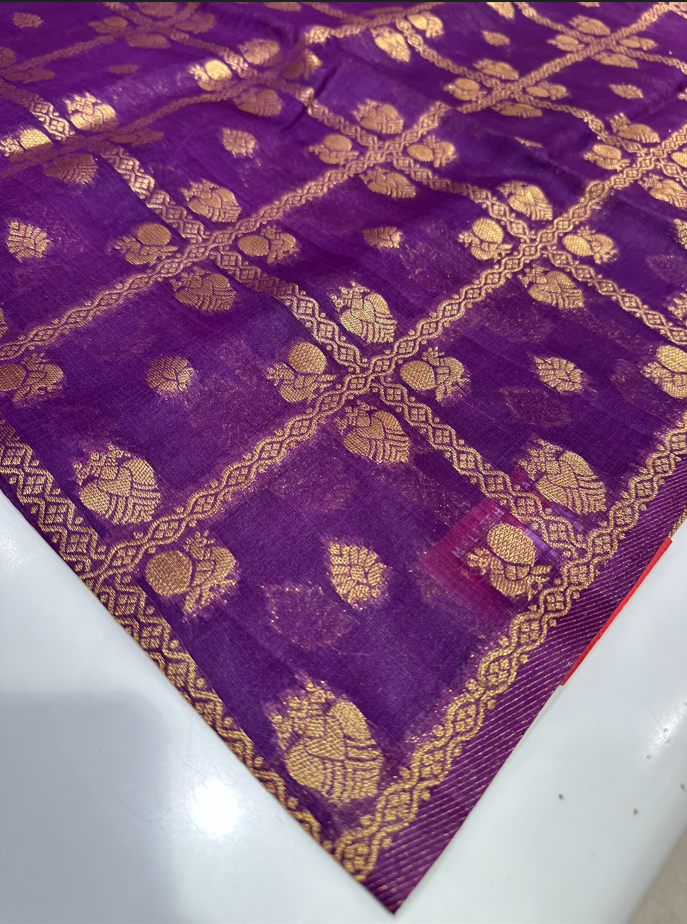 Lightweight Purple Raw Silk Saree with Elegant Gold Zari Buttas – Perfect for Traditional & Daily Wear