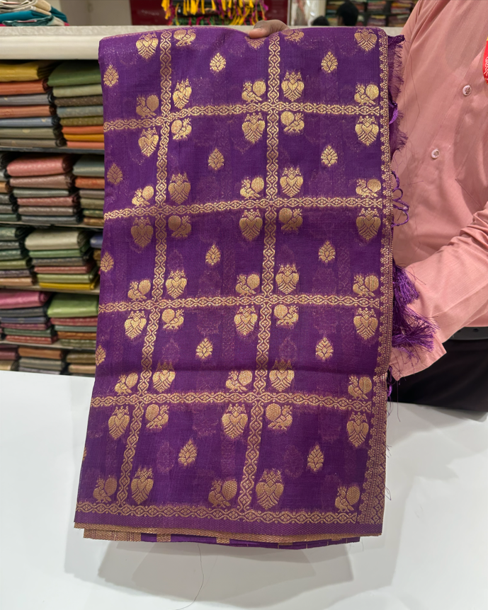Lightweight Purple Raw Silk Saree with Elegant Gold Zari Buttas – Perfect for Traditional & Daily Wear