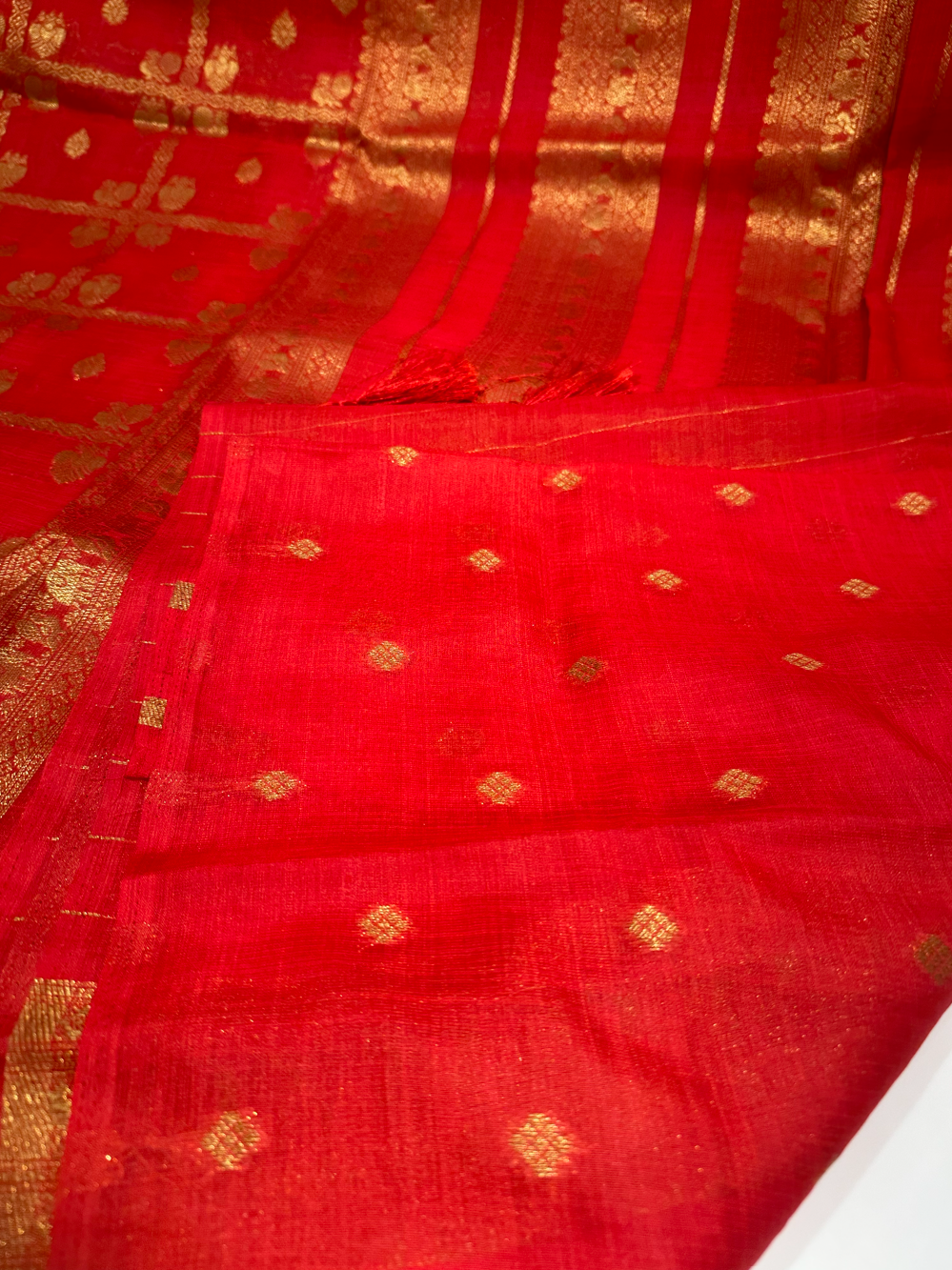 Comfortable Red Raw Silk Saree with Gold Zari Checks and Buttas- Perfect for Regular, Office, and Traditional Wear