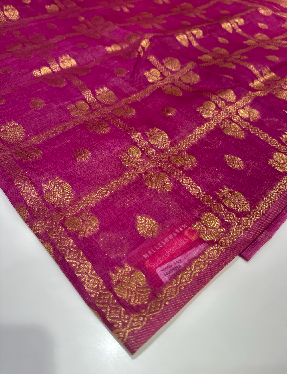 Onion Pink Raw Silk Saree with Beautiful Gold Checks and Buttas