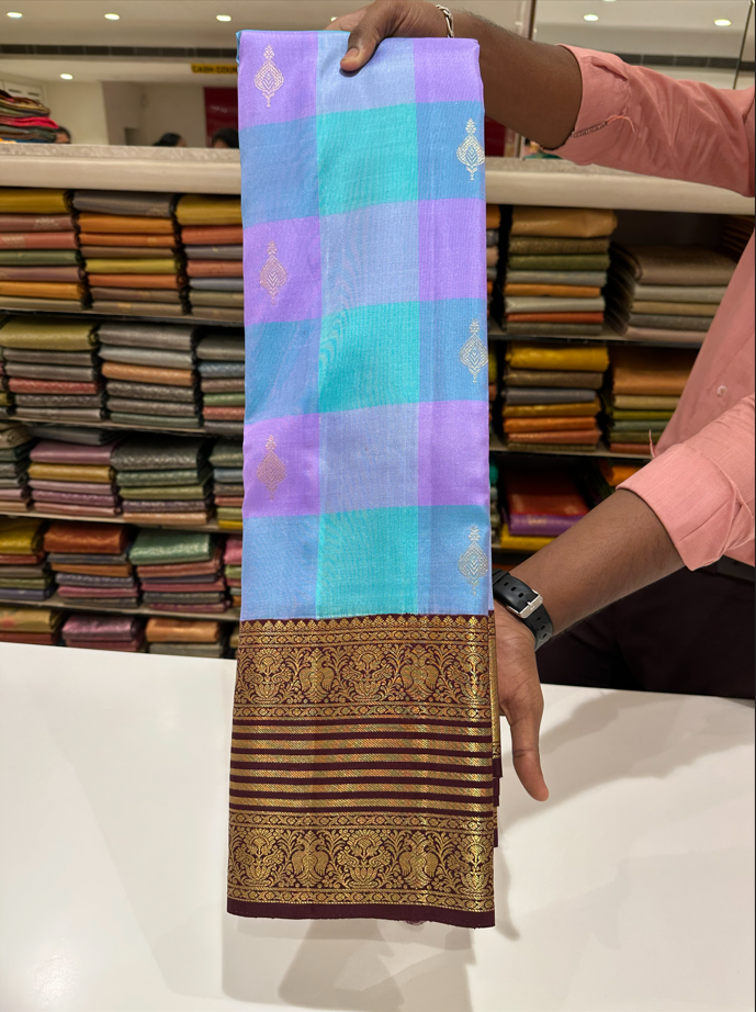 Pure Kanjivaram Multicolor Checks Saree with Brown Gold Zari Border & Buttas