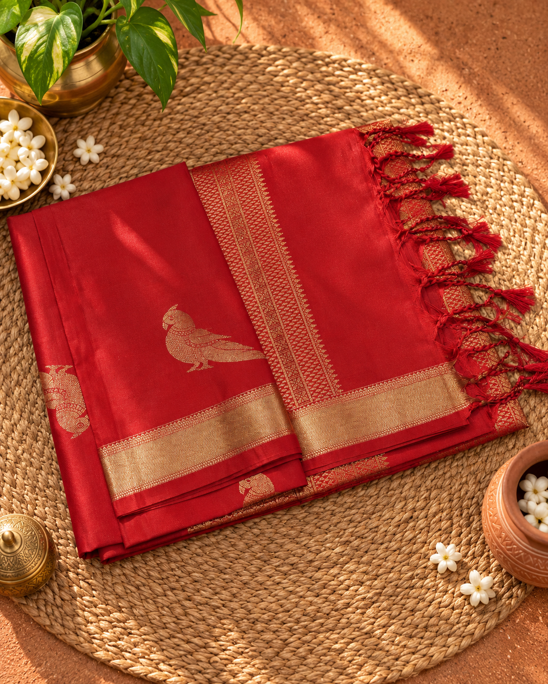 Red Colour Semi Silk Saree with Gold Zari Border & Parrot Butta