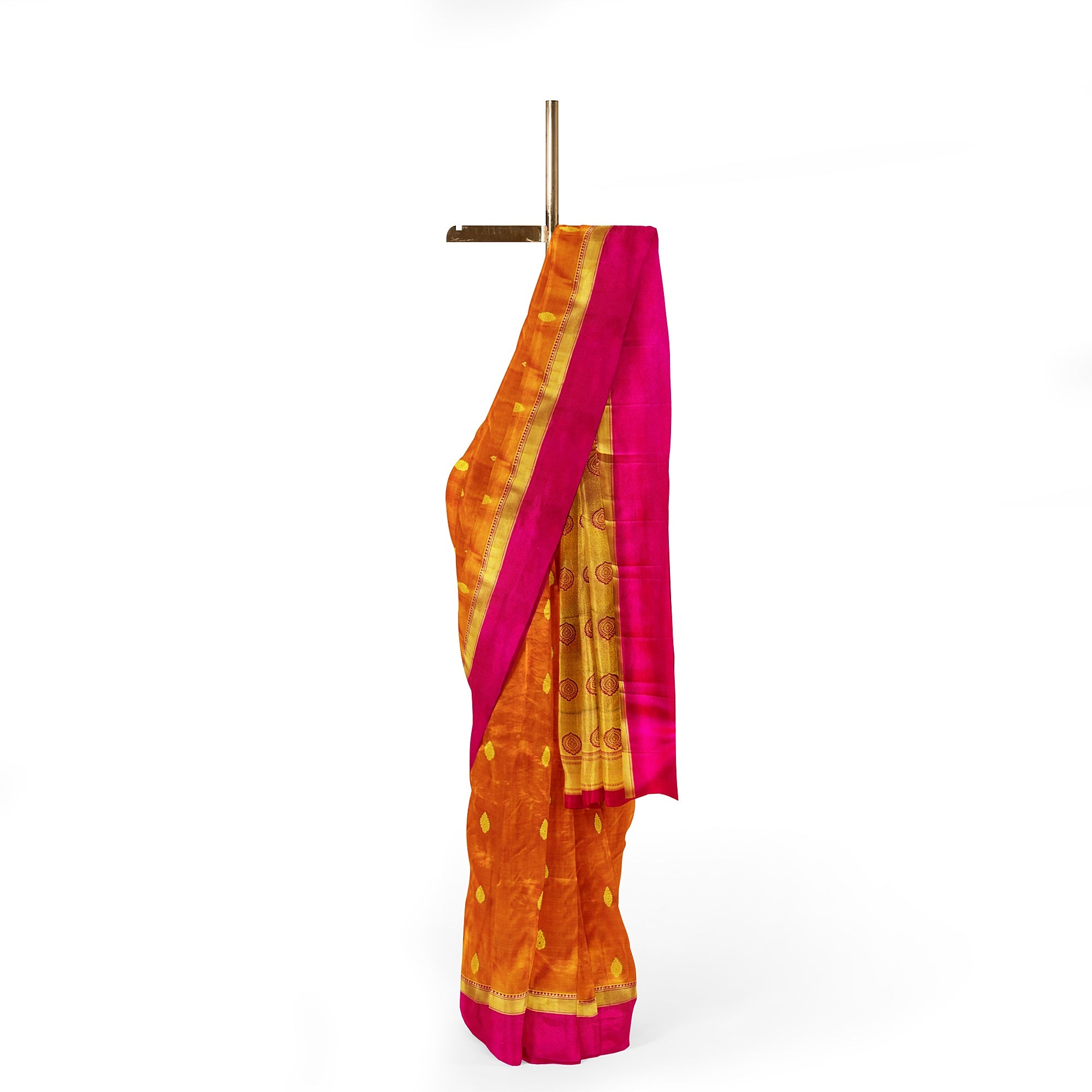 Mustard Yellow Double Shade Silk Saree with Zari Butta and Pink Border - New Sudarshan Silks`