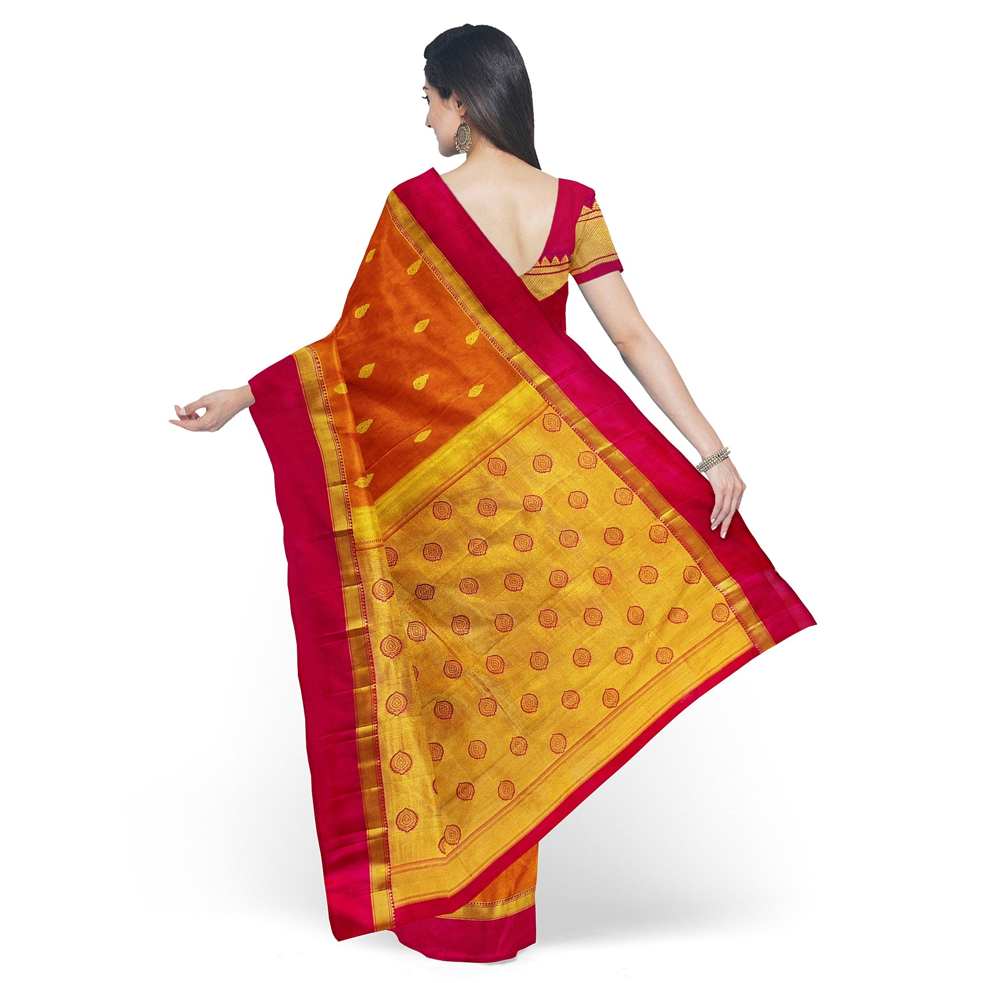 Mustard Yellow Double Shade Silk Saree with Zari Butta and Pink Border - New Sudarshan Silks`