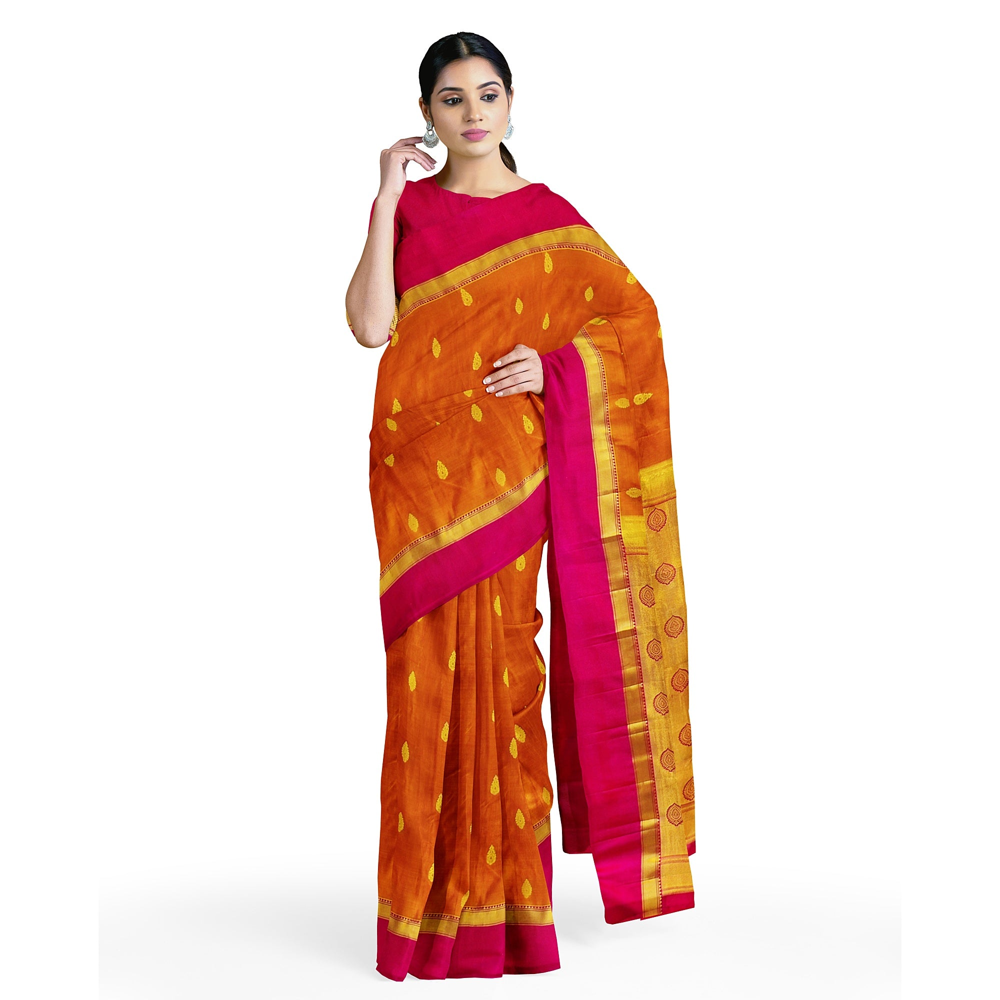 Mustard Yellow Double Shade Silk Saree with Zari Butta and Pink Border - New Sudarshan Silks`