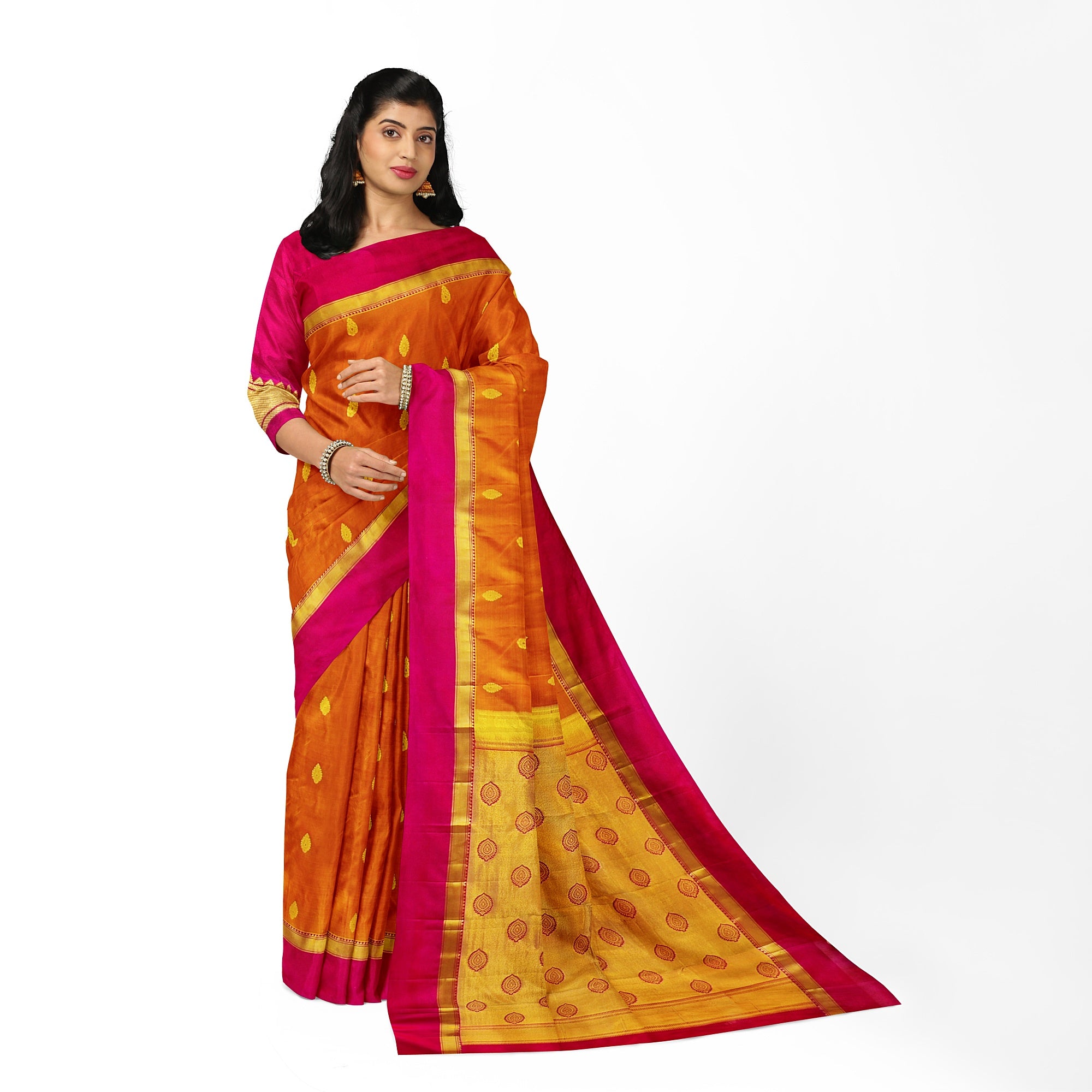 Mustard Yellow Double Shade Silk Saree with Zari Butta and Pink Border - New Sudarshan Silks`