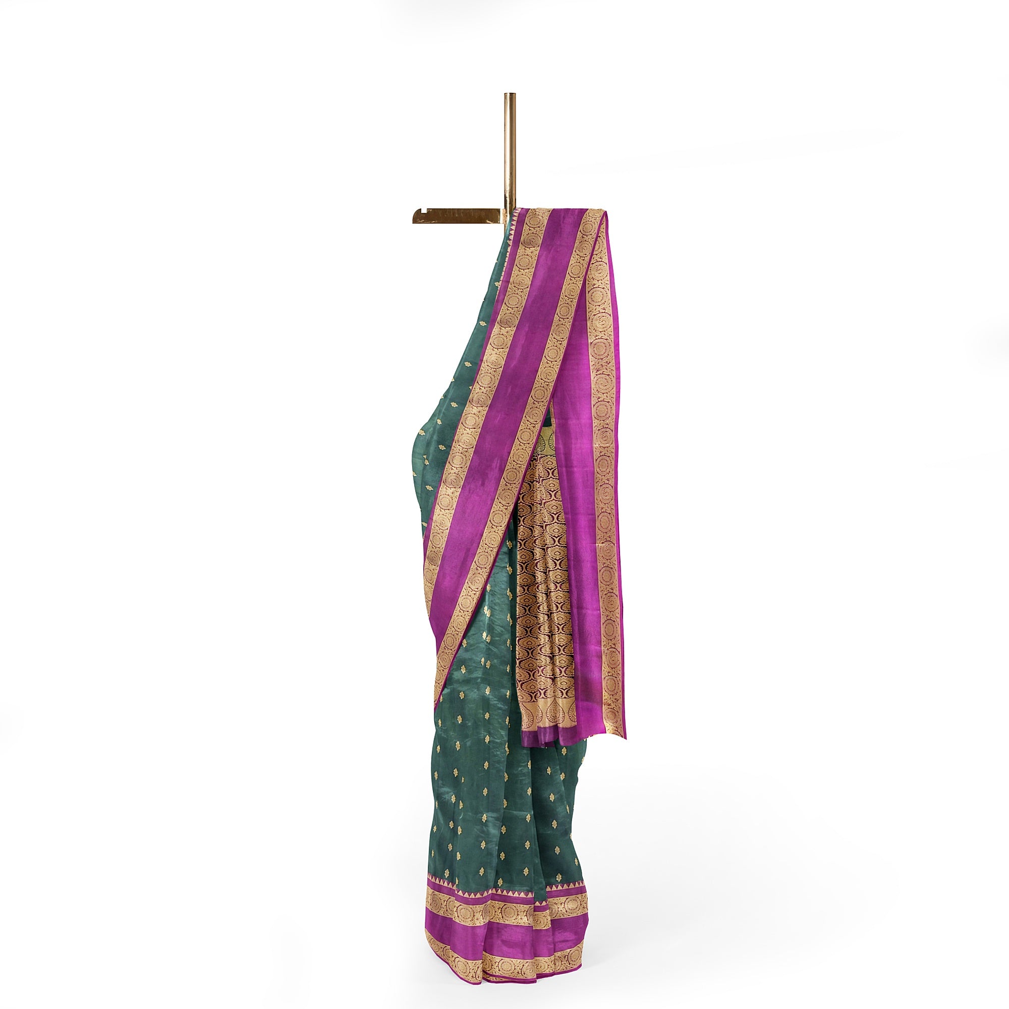 Bottle Green Silk Saree with Zari Butta and Magenta Pink Border – Elegant Kanjivaram Style - New Sudarshan Silks`