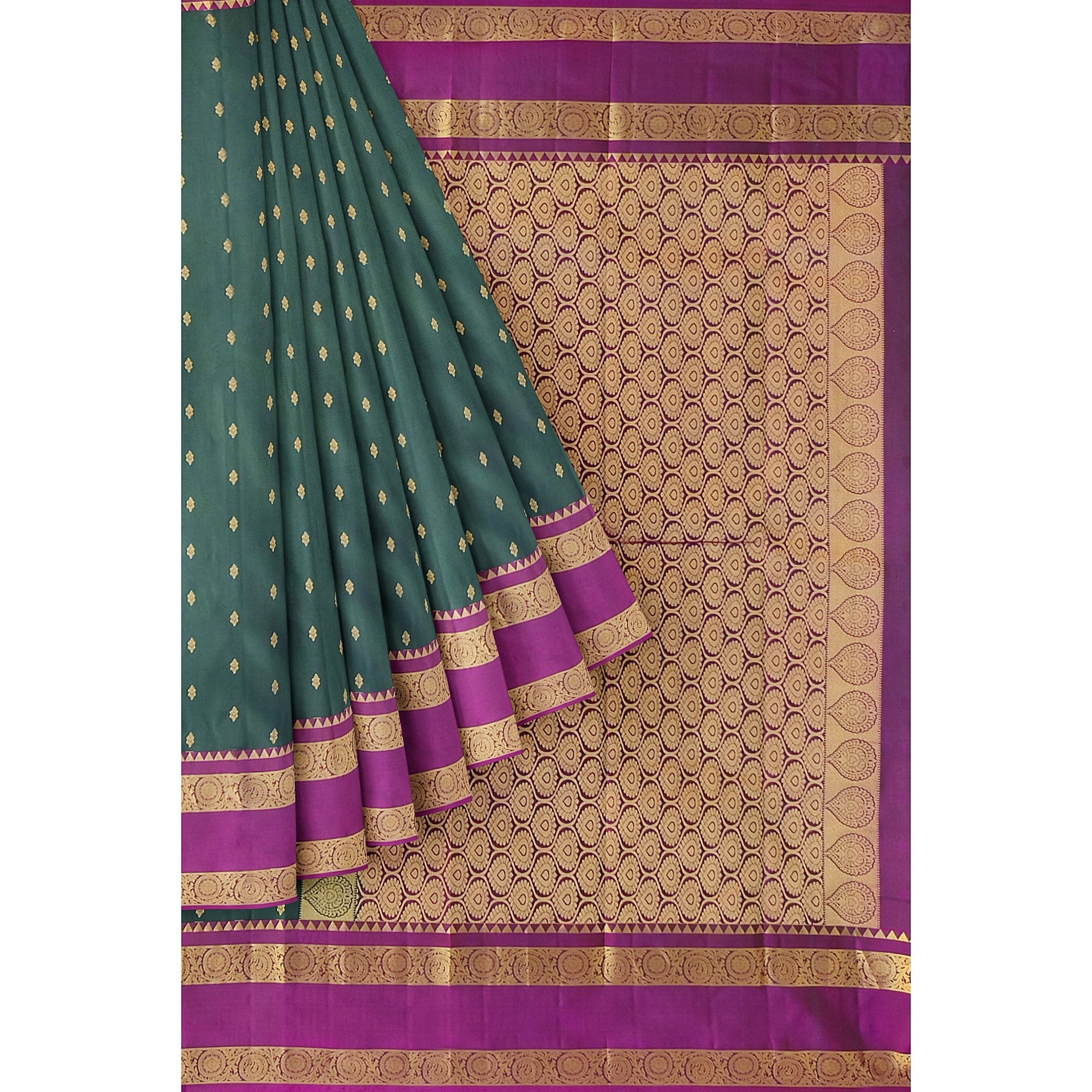 Bottle Green Silk Saree with Zari Butta and Magenta Pink Border – Elegant Kanjivaram Style - New Sudarshan Silks`
