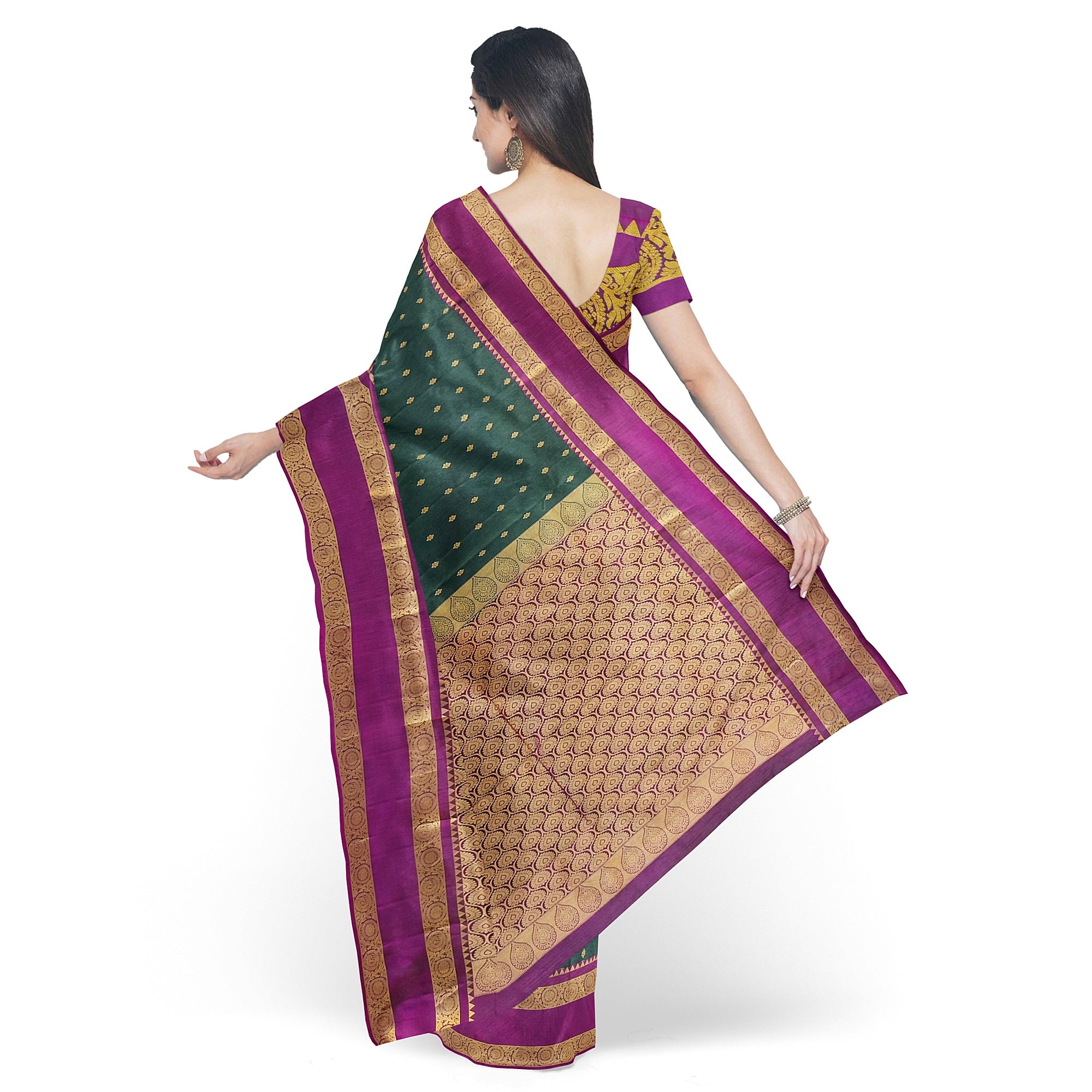 Bottle Green Silk Saree with Zari Butta and Magenta Pink Border – Elegant Kanjivaram Style - New Sudarshan Silks`