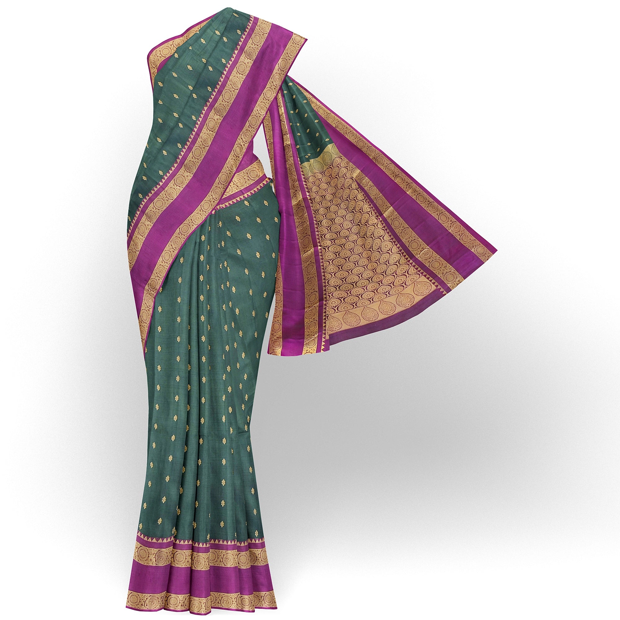 Bottle Green Silk Saree with Zari Butta and Magenta Pink Border – Elegant Kanjivaram Style - New Sudarshan Silks`