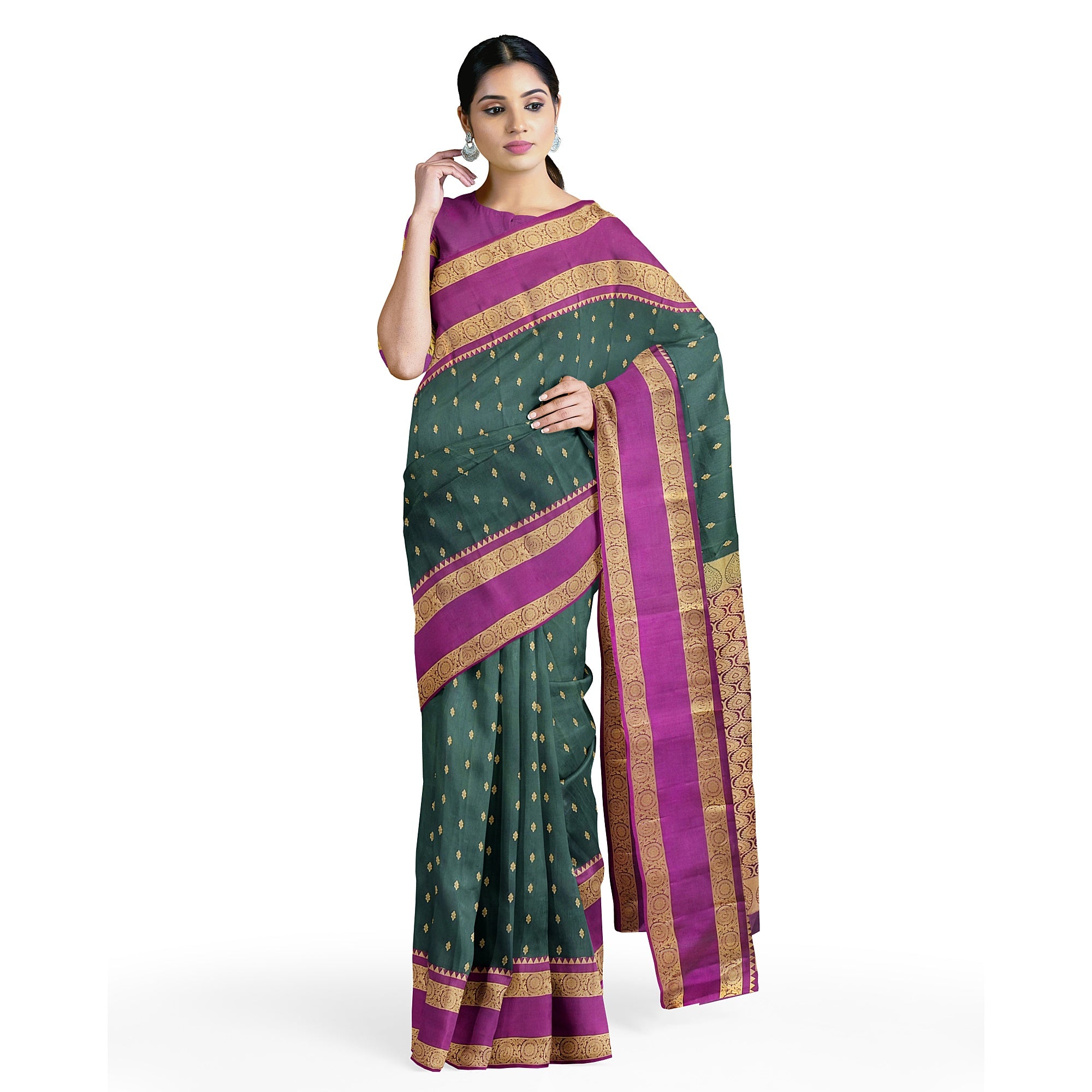 Bottle Green Silk Saree with Zari Butta and Magenta Pink Border – Elegant Kanjivaram Style - New Sudarshan Silks`
