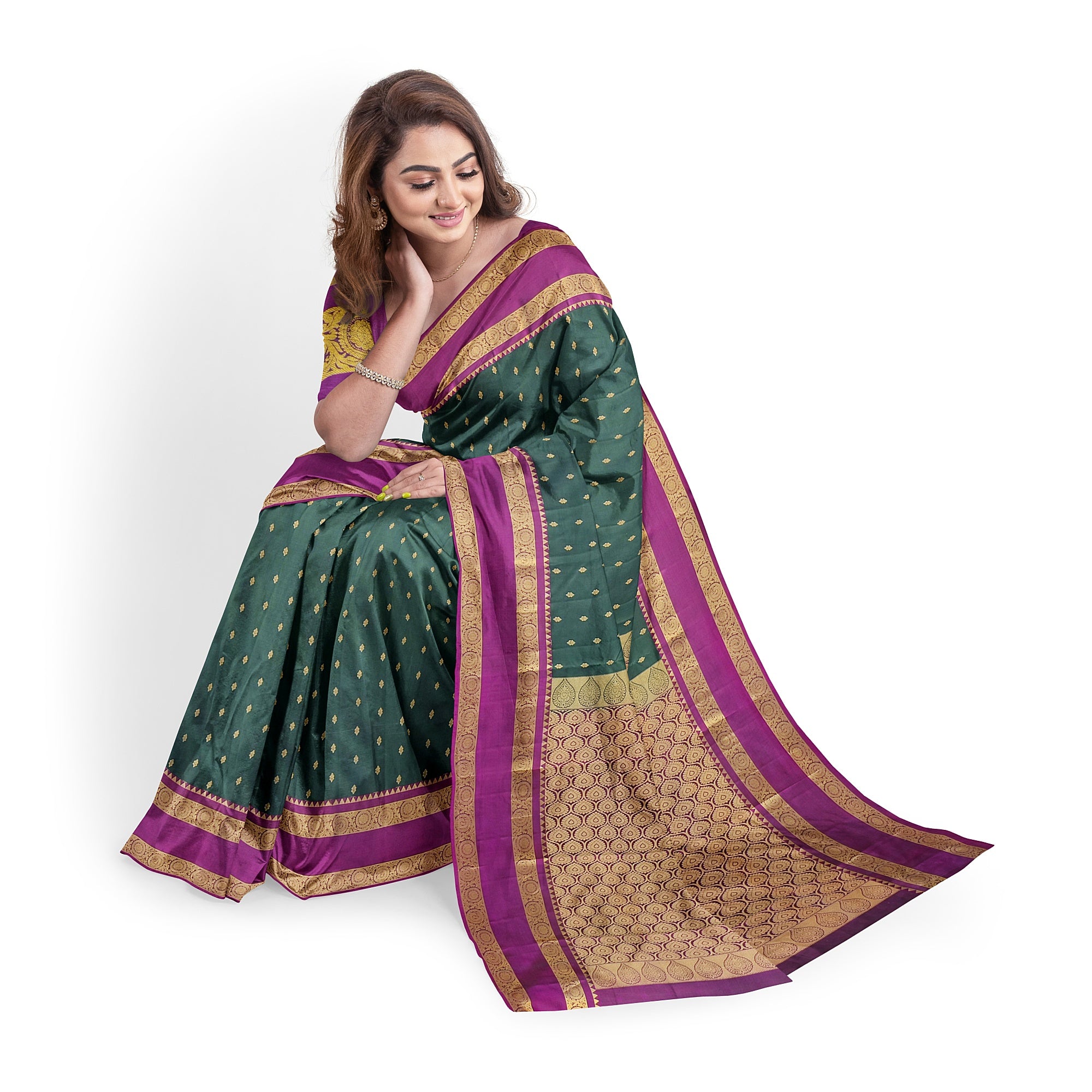 Bottle Green Silk Saree with Zari Butta and Magenta Pink Border – Elegant Kanjivaram Style - New Sudarshan Silks`