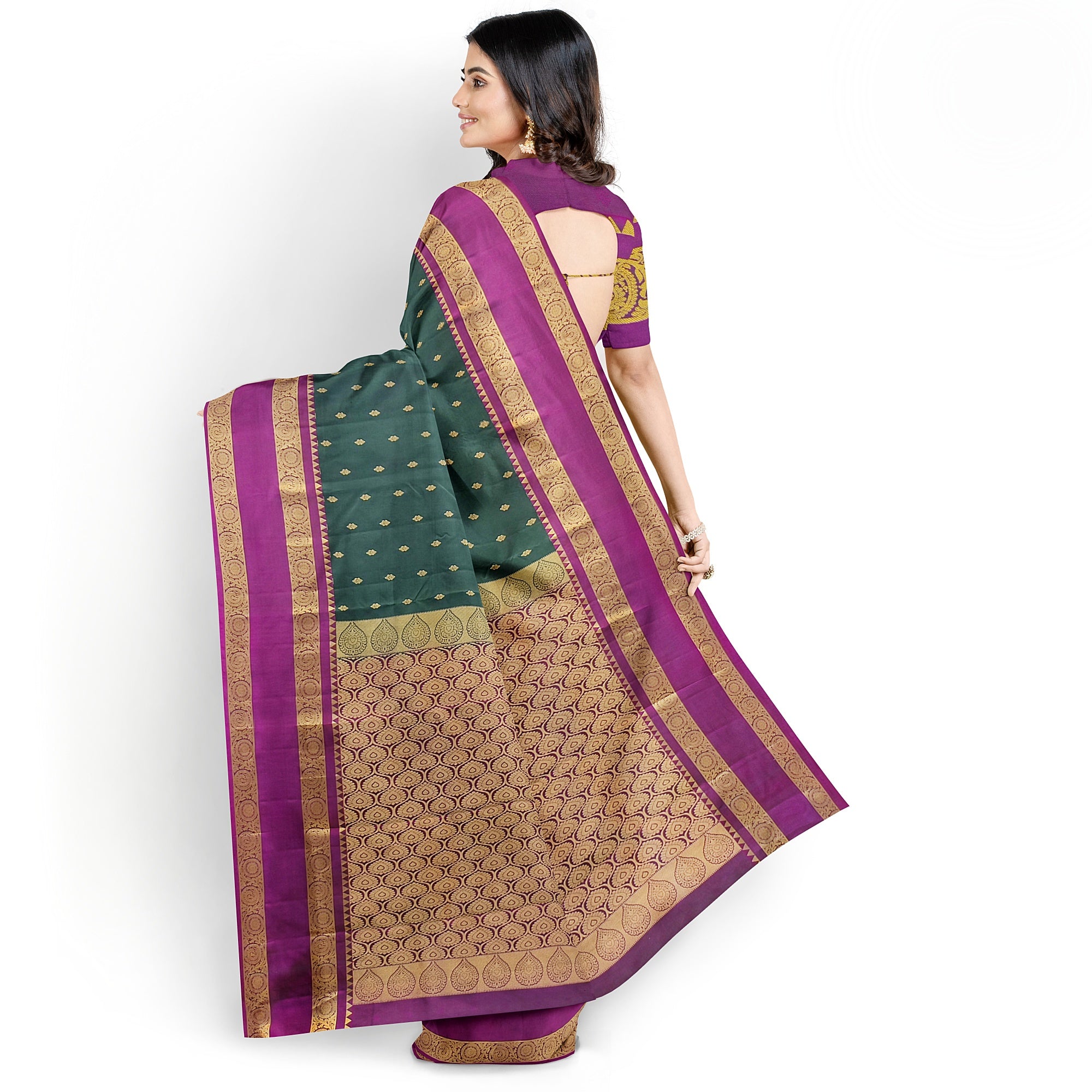 Bottle Green Silk Saree with Zari Butta and Magenta Pink Border – Elegant Kanjivaram Style - New Sudarshan Silks`