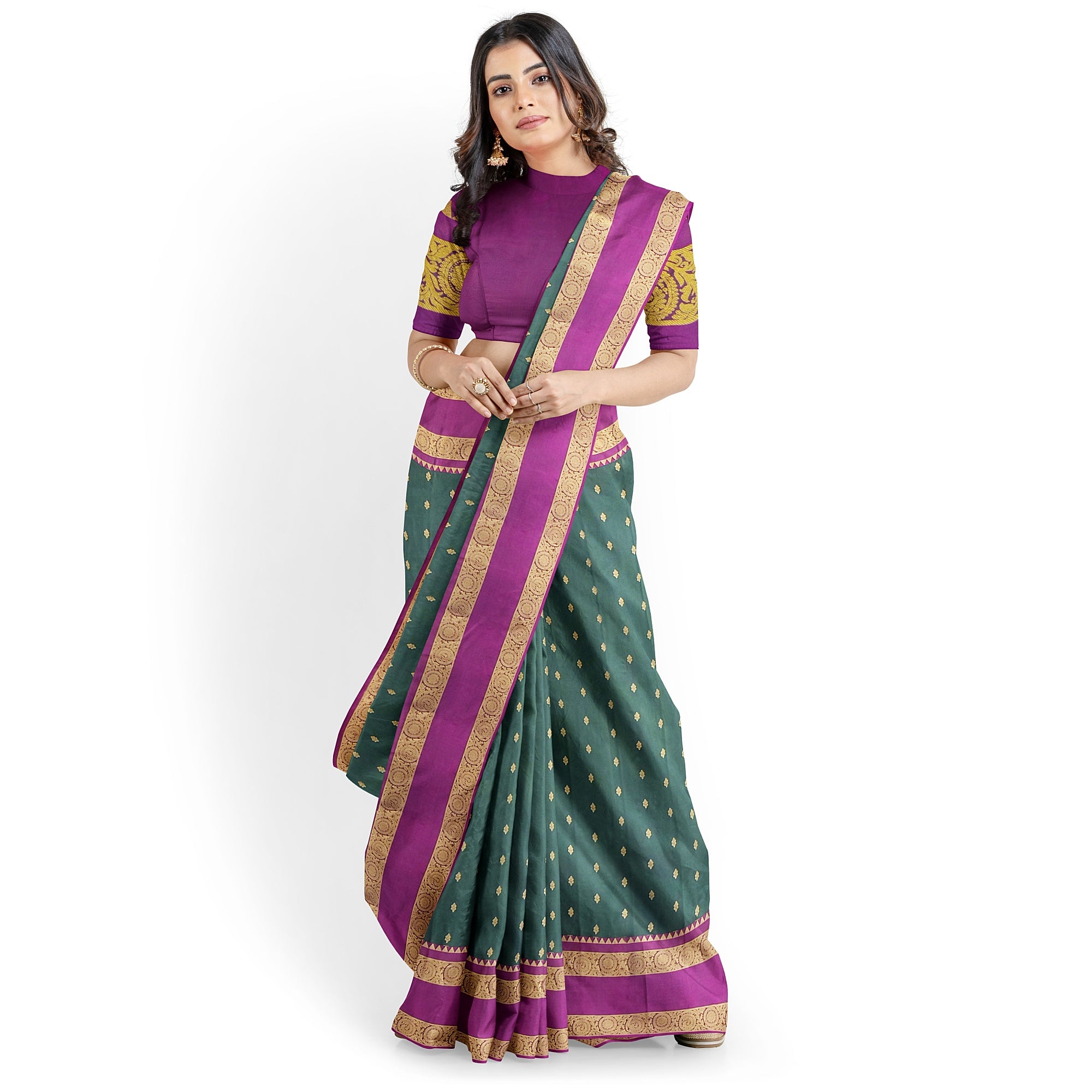 Bottle Green Silk Saree with Zari Butta and Magenta Pink Border – Elegant Kanjivaram Style - New Sudarshan Silks`